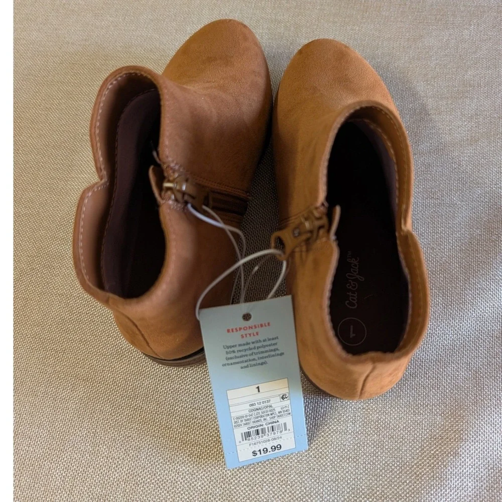 Cat & Jack Ankle Boots Kids Size 1 Cognac NWT Faux Suede Side Zip Opal Booties